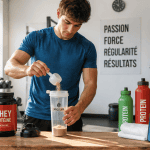 Quand prendre de la whey, jeune homme avec shaker à la salle de sport