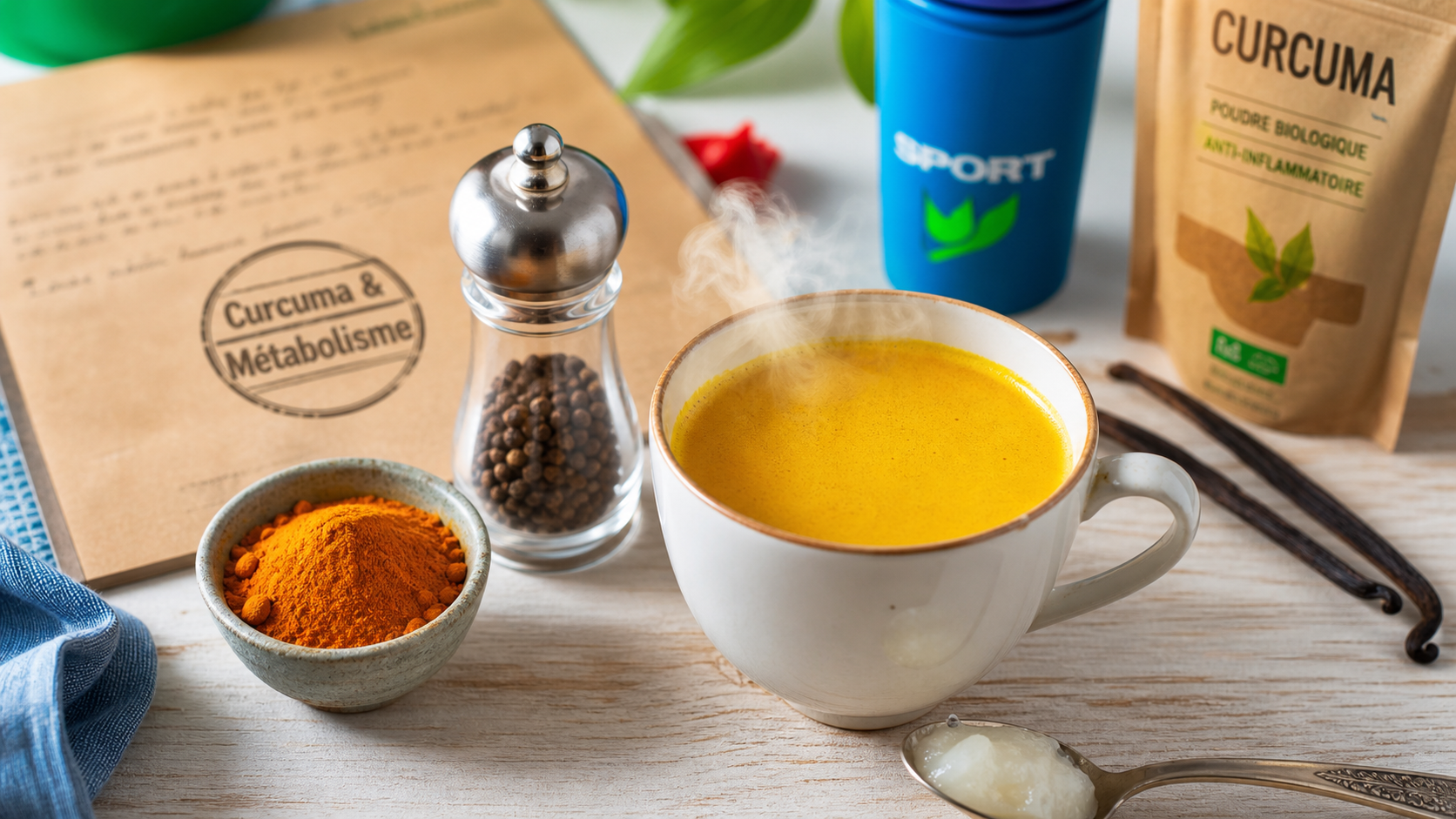 Curcuma et perte de poids : tasse de lait d’or au curcuma fumant