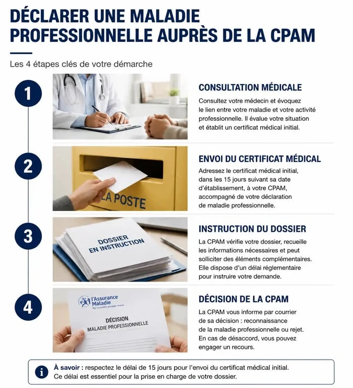 Infographie des étapes de reconnaissance d'une tendinite du coude en maladie professionnelle