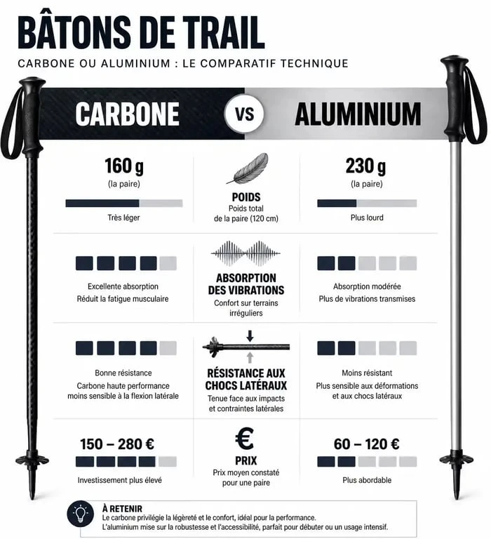 Comparatif technique des matériaux pour bâtons de trail pliables : carbone versus aluminium