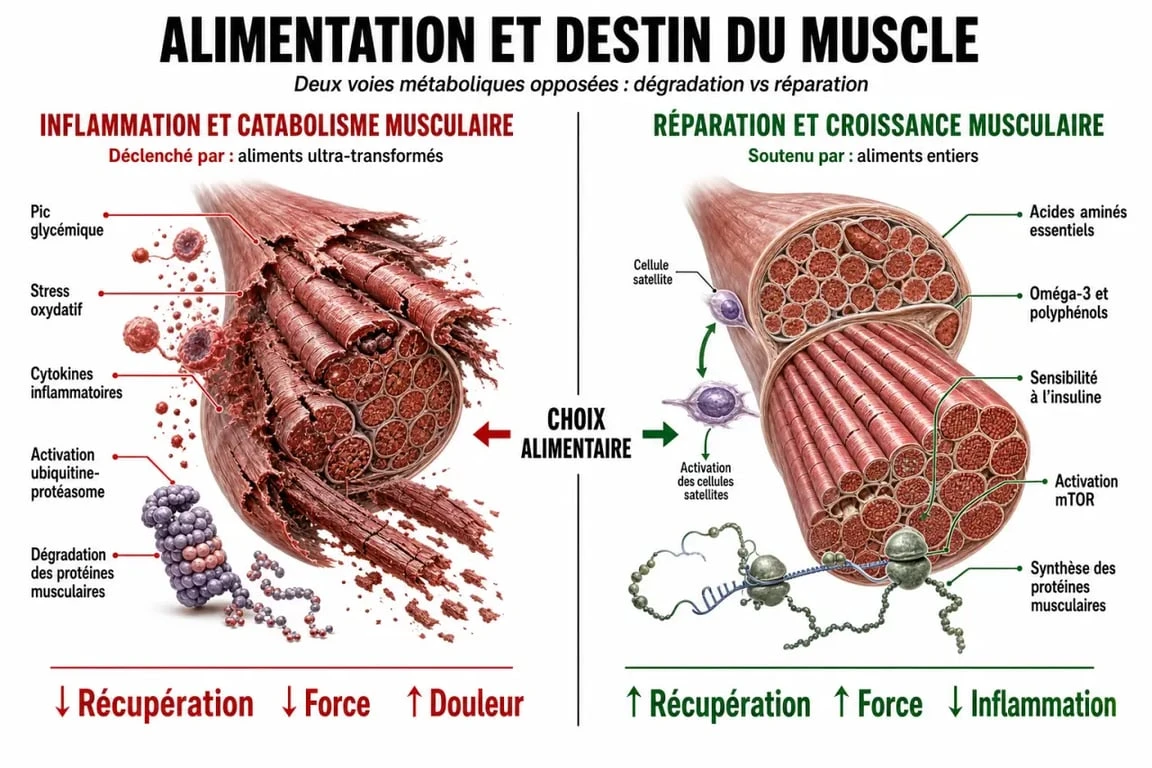 Infographie illustrant l'impact des aliments mauvais pour les muscles sur la synthèse protéique et l'inflammation