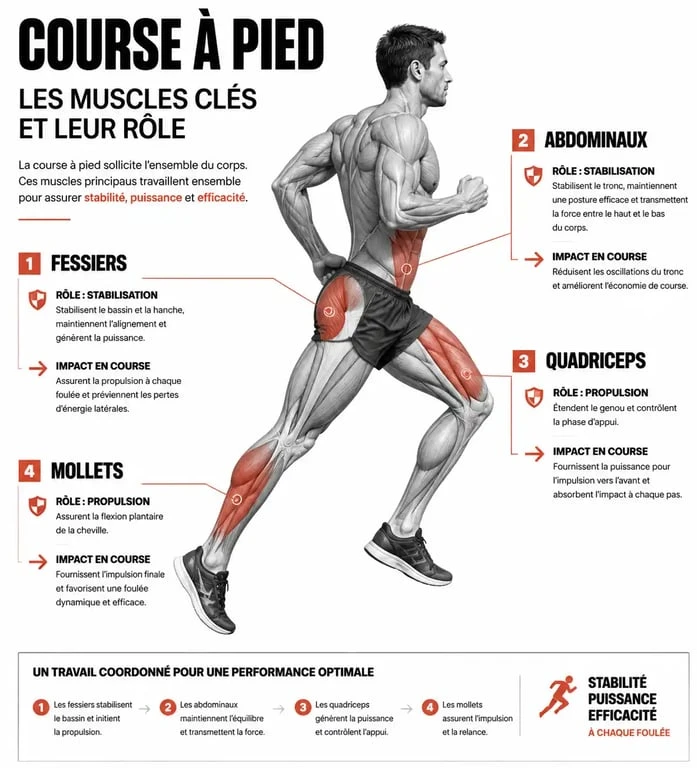 Schéma des muscles sollicités pour le renforcement musculaire en course à pied