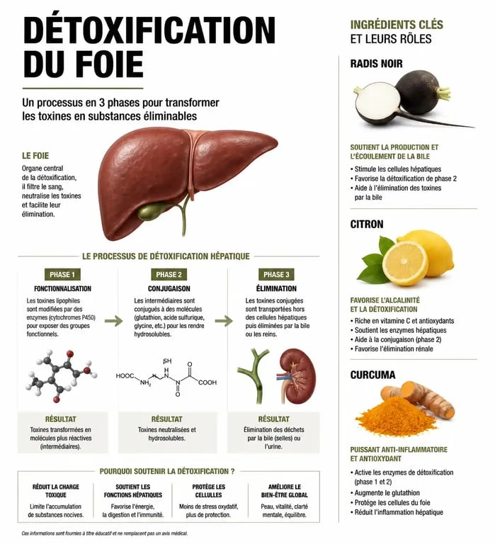 Infographie sur les bienfaits des ingrédients pour un jus detox pour le foie