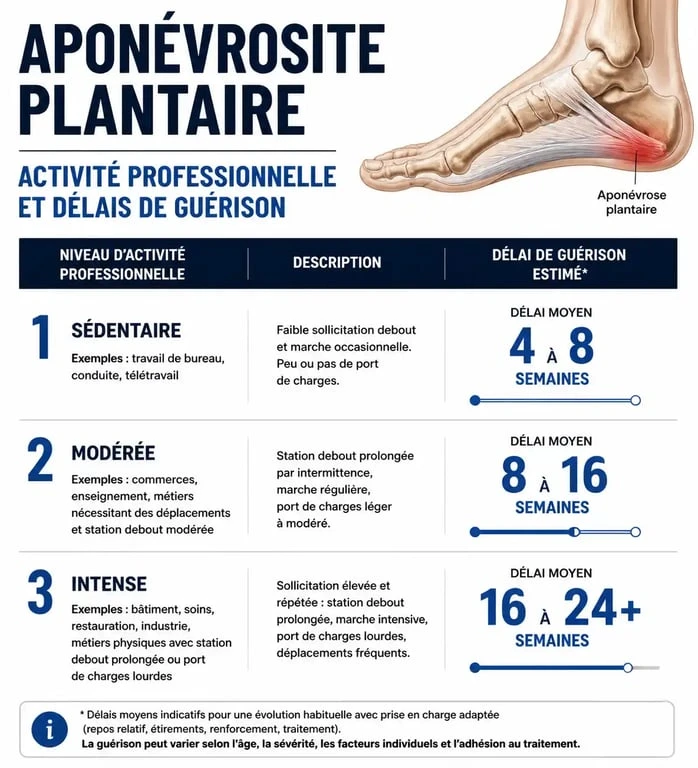Infographie des délais de reprise du travail après une aponévrosite plantaire selon le type d'activité professionnelle