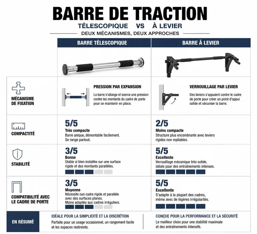 Infographie comparative des types de barre de traction de porte : télescopique vs levier