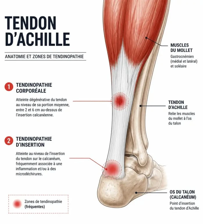 Schéma anatomique montrant les zones de douleurs au tendon d'Achille
