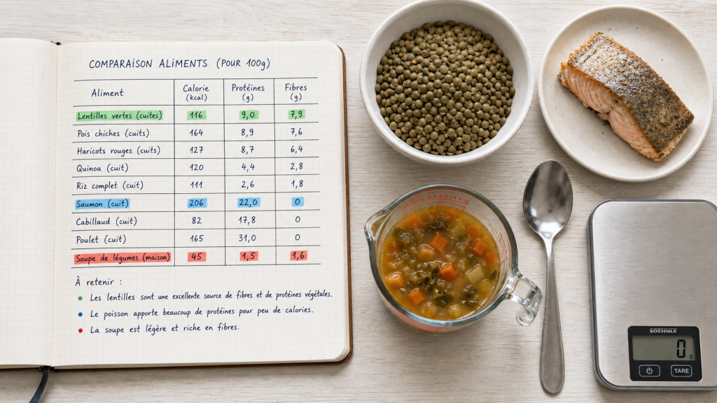 Tableau des aliments, calories et portions : comparer juste sans compter au gramme près