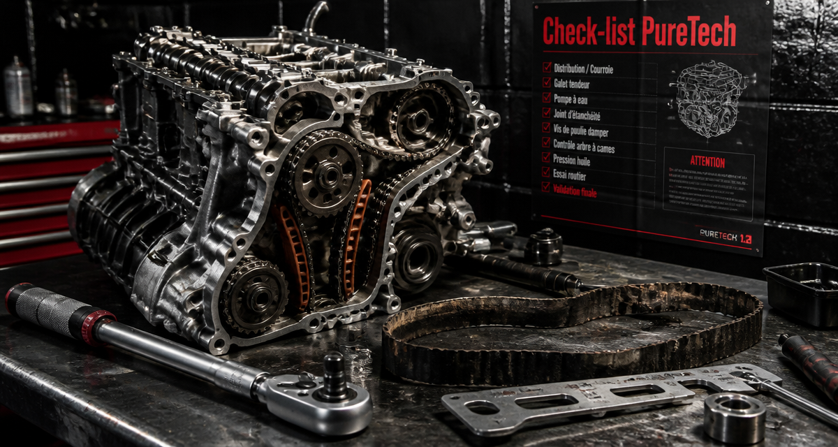 Moteur voiture PureTech 1.2 sur établi
