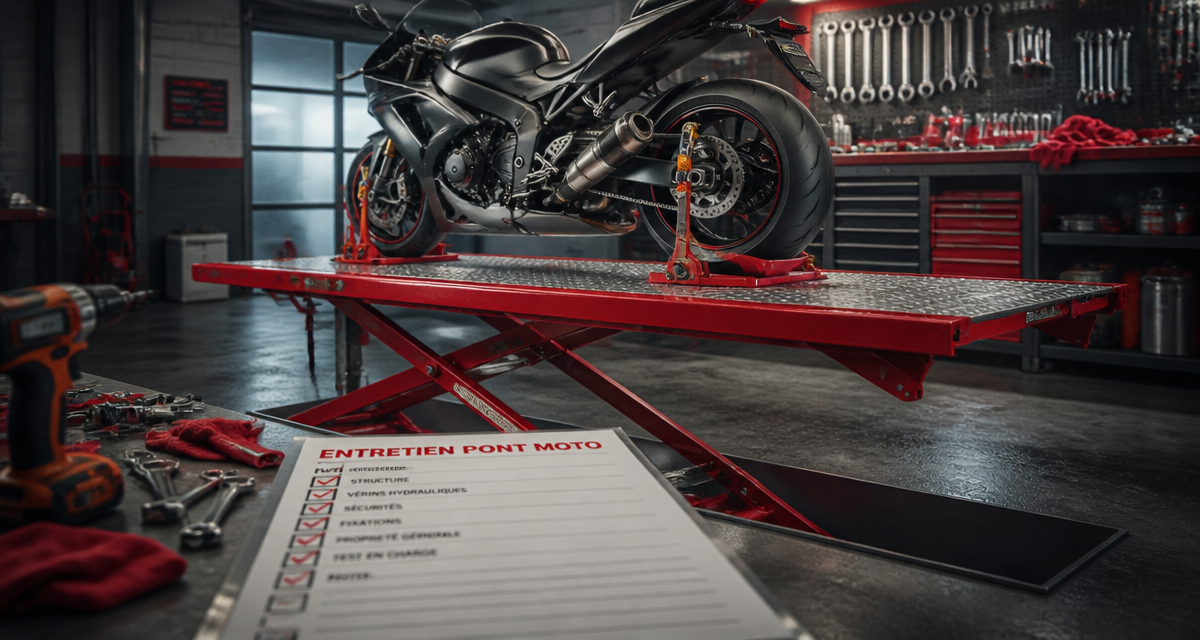 Pont moto rouge 450 kg dans garage moderne