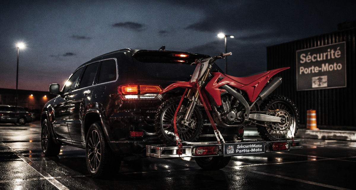porte moto sur attelage sur SUV parking crépuscule