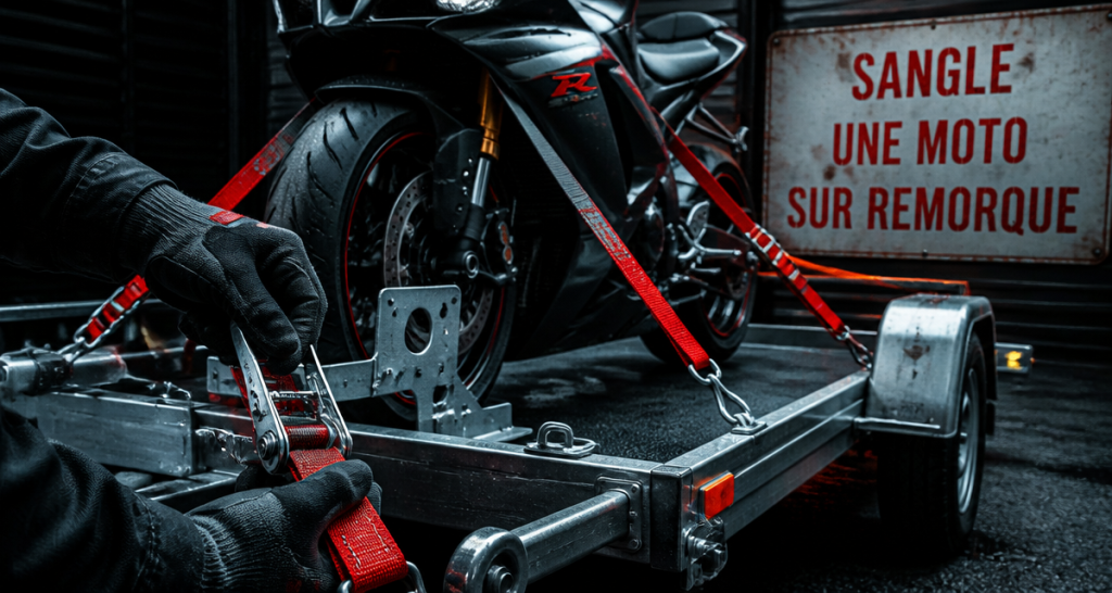 Sangle une moto sur remorque avec sangles rouges et boucle à cliquet