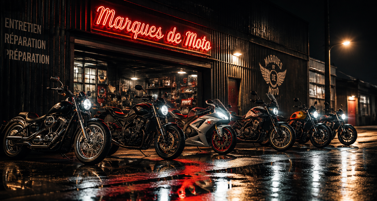 motocyclette marque devant garage industriel nuit