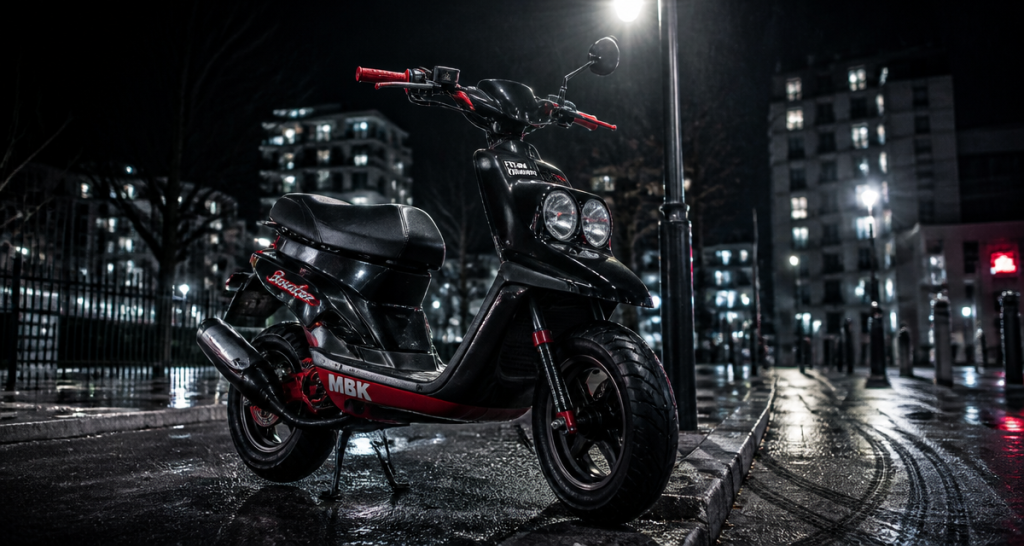 scooter booster garé sur bitume mouillé la nuit