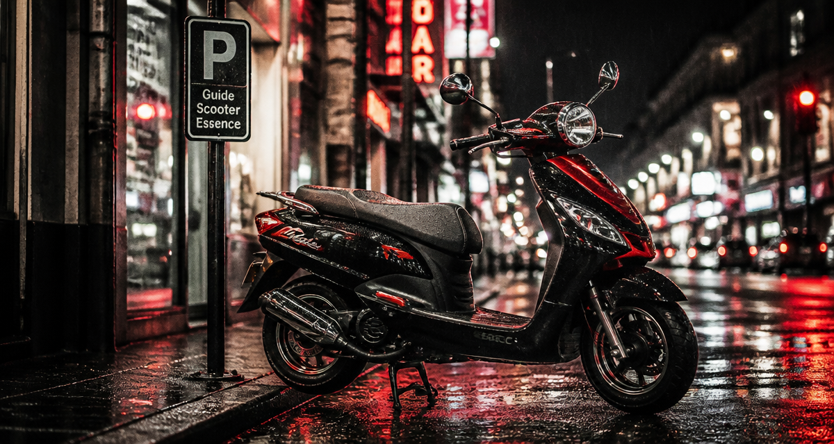 scooter essence 50cc noir rouge stationné trottoir nuit