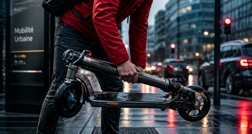 trottinette adulte pliable sur trottoir urbain