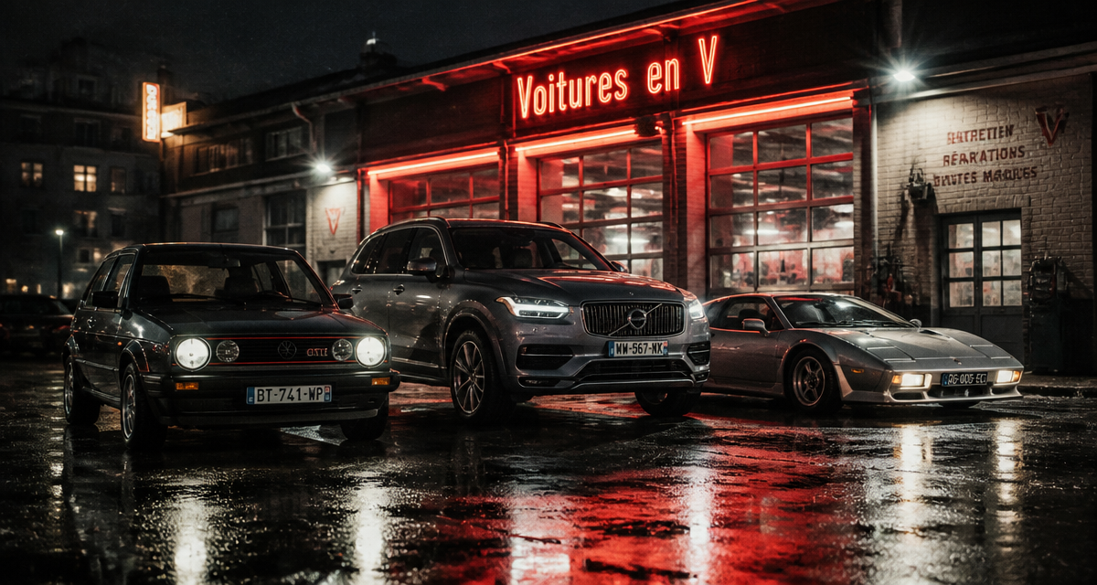 voiture en v alignées sur parking nocturne