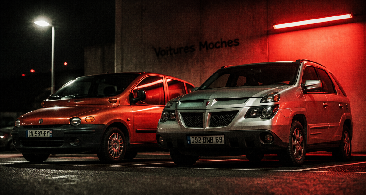 voiture moche Fiat Multipla et Pontiac Aztek garées la nuit