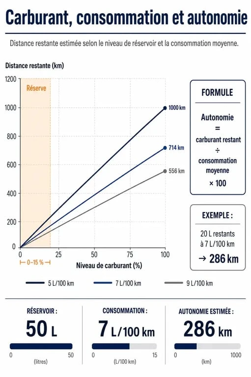 Infographie montrant l'autonomie restante sur réserve diesel en fonction de la consommation et du niveau de carburant