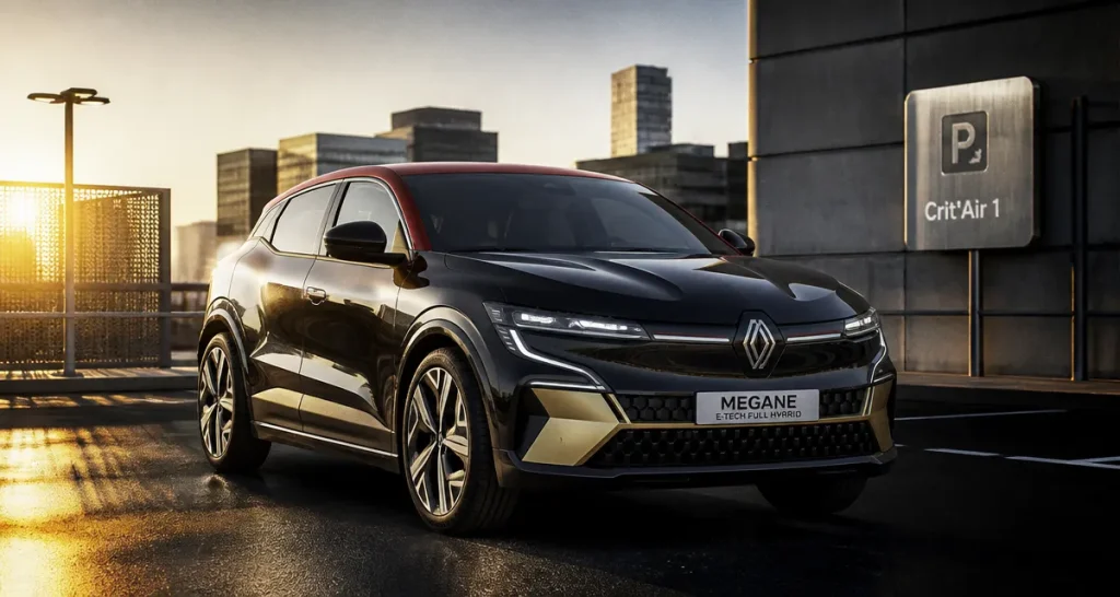 mégane hybride non rechargeable noire et rouge sur parking au lever du jour