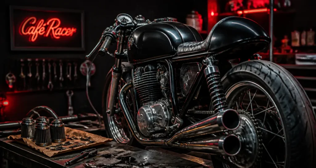Moto cafe racer noire dans un garage nocturne, look authentique