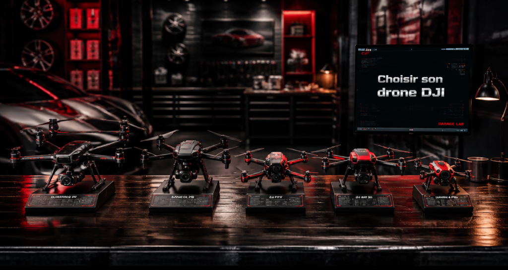 quel drone dji choisir, cinq modèles alignés sur table