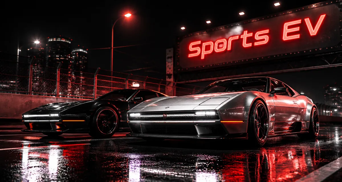 Sports EV électriques côte à côte sur circuit urbain nocturne
