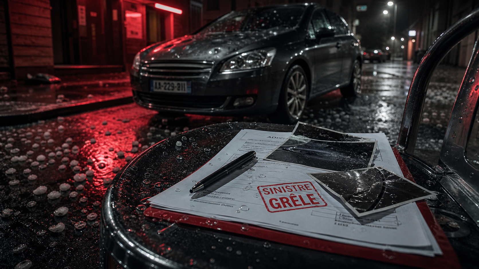 Voiture grelée : impacts de grêle sur le capot et le toit, dossier sinistre