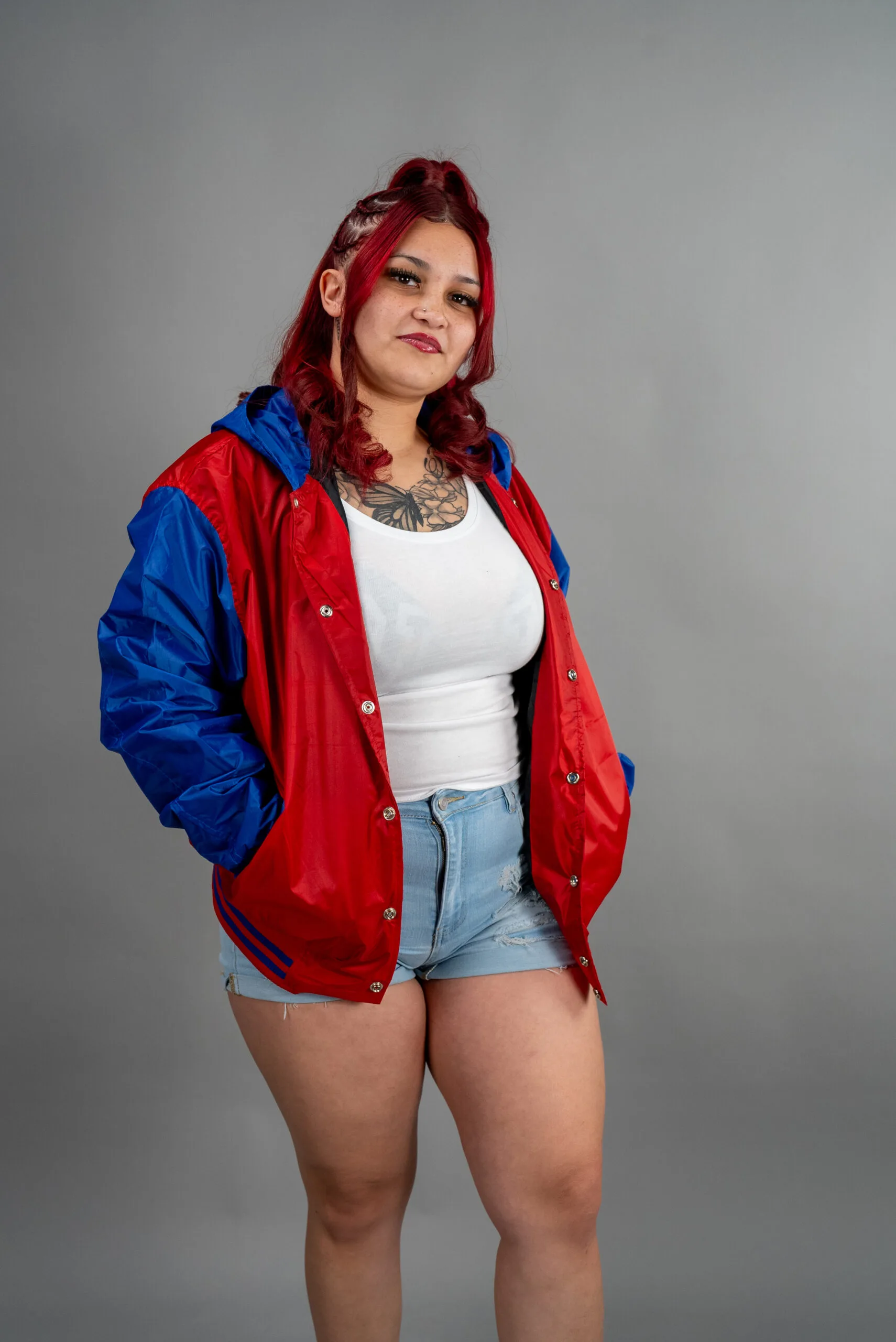 Reign Gear windbreaker jacket in red and blue, lightweight womens streetwear |