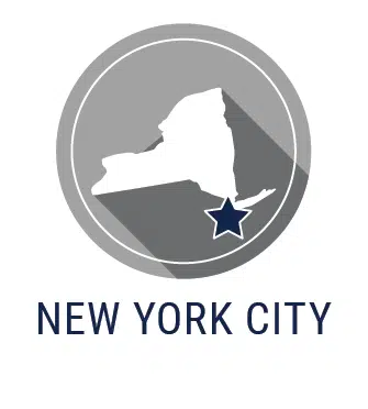 A logo for New York City. The city features an outline of New York state with a star marking the city.