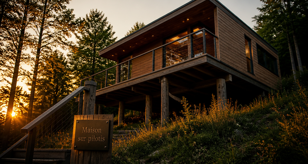 constructeur maison sur pilotis ossature bois crépuscule