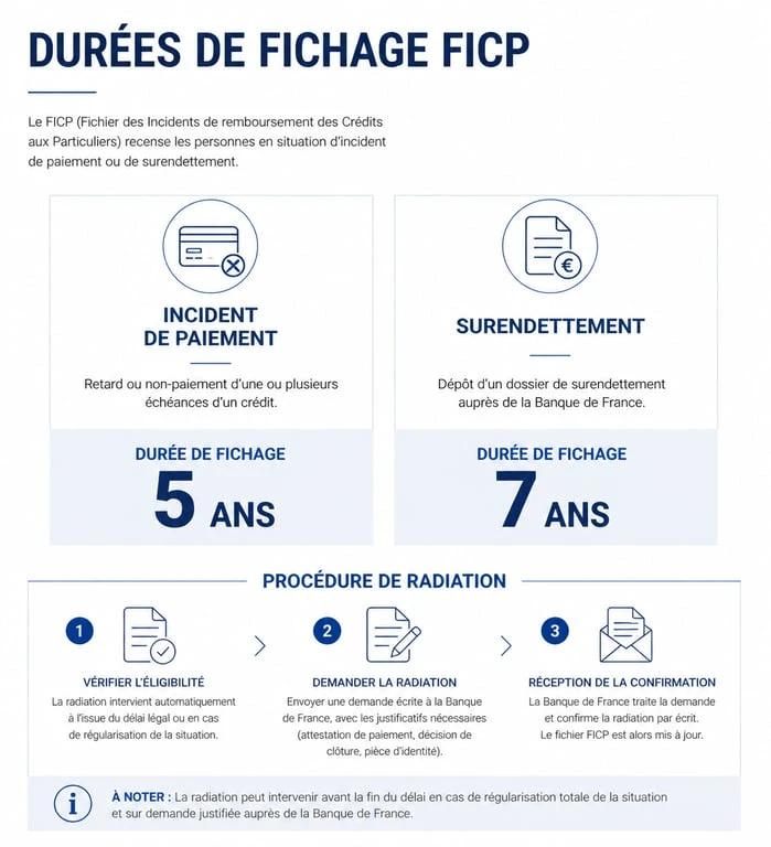 Infographie des durées de fichage FICP et procédures de radiation
