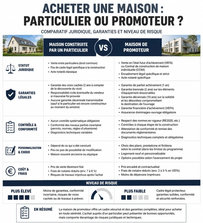 Infographie comparative achat maison particulier vs promoteur immobilier