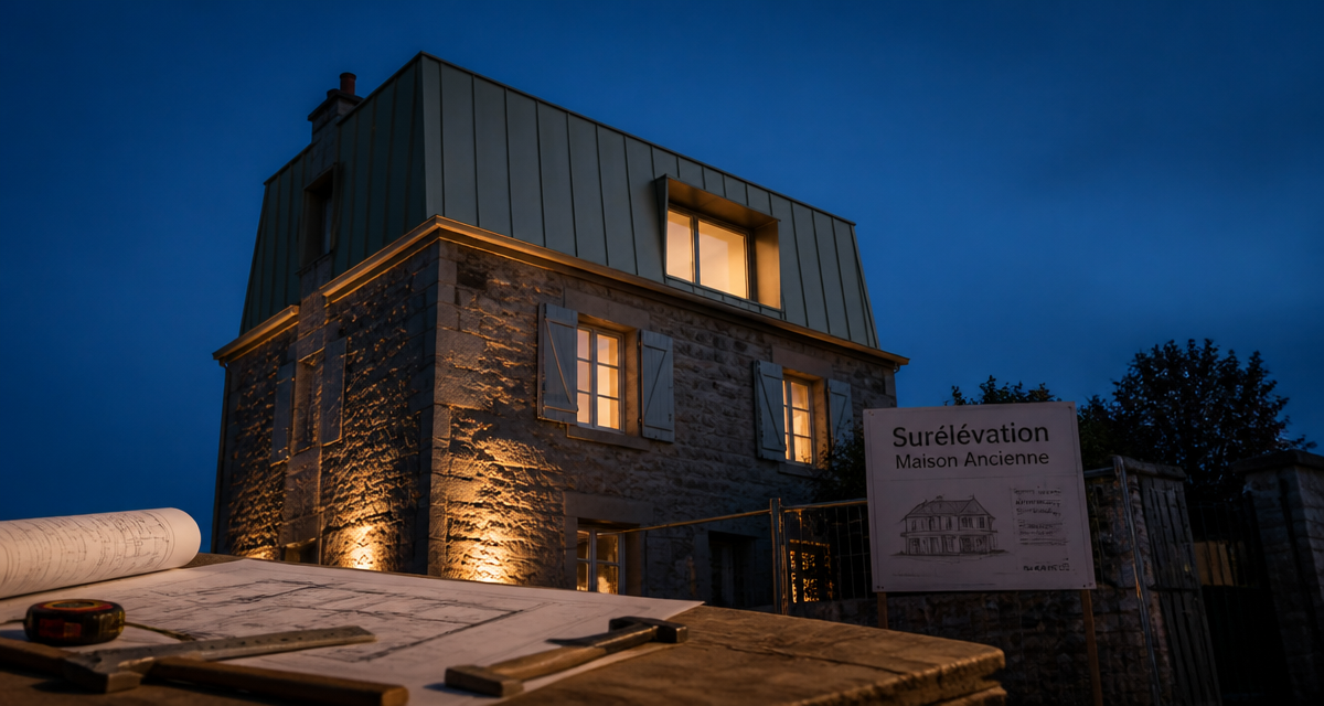 Surélévation maison ancienne avec étage bois zinc et outils de chantier