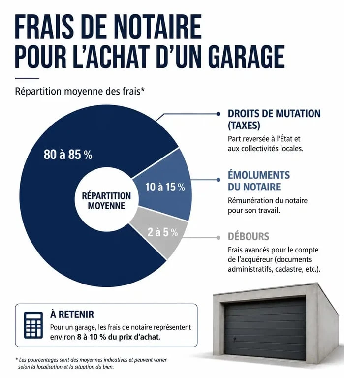 Infographie illustrant la décomposition des frais de notaire pour l'achat d'un garage ou d'une place de parking