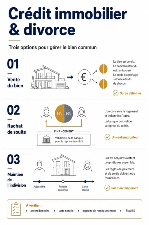Infographie des options de crédit immobilier et divorce : vente, rachat de soulte ou indivision