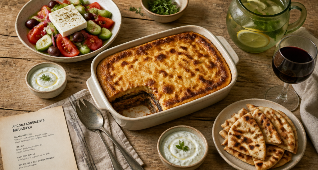 accompagnement moussaka salade grecque et pita