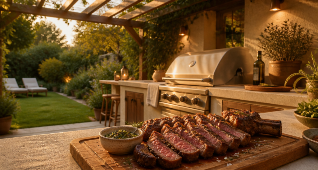 Barbecue cuisine extérieure inox sous pergola bois