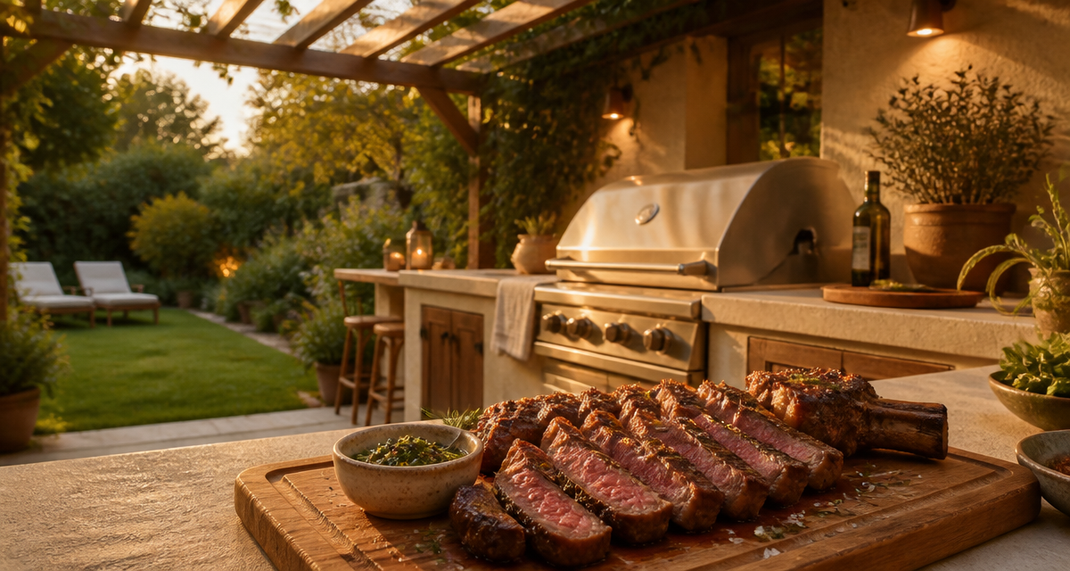 Barbecue cuisine extérieure inox sous pergola bois
