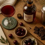Cherry brandy liqueur sur table avec cerises et chocolat