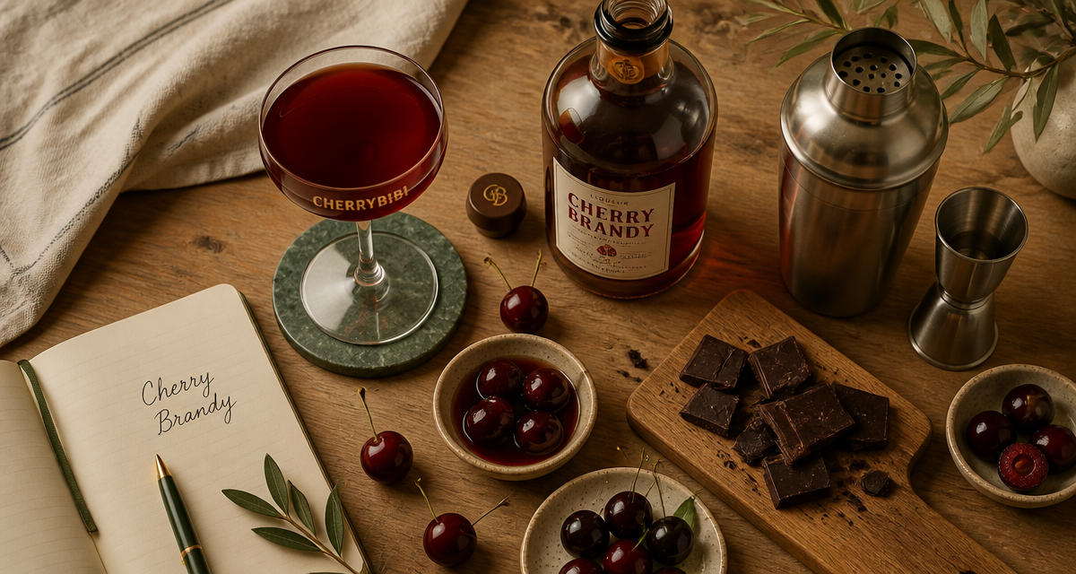 Cherry brandy liqueur sur table avec cerises et chocolat