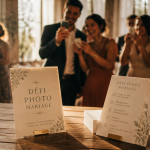Défi photo mariage cartes sur table invités