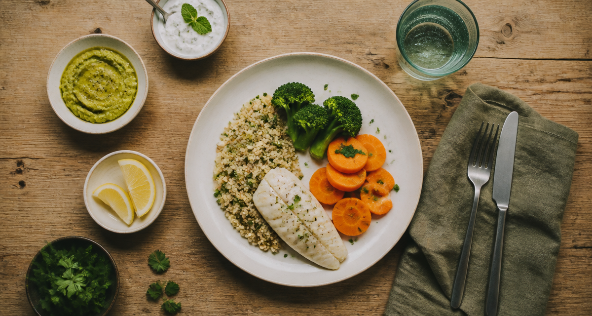 menu semaine sans graisse assiette poisson légumes quinoa