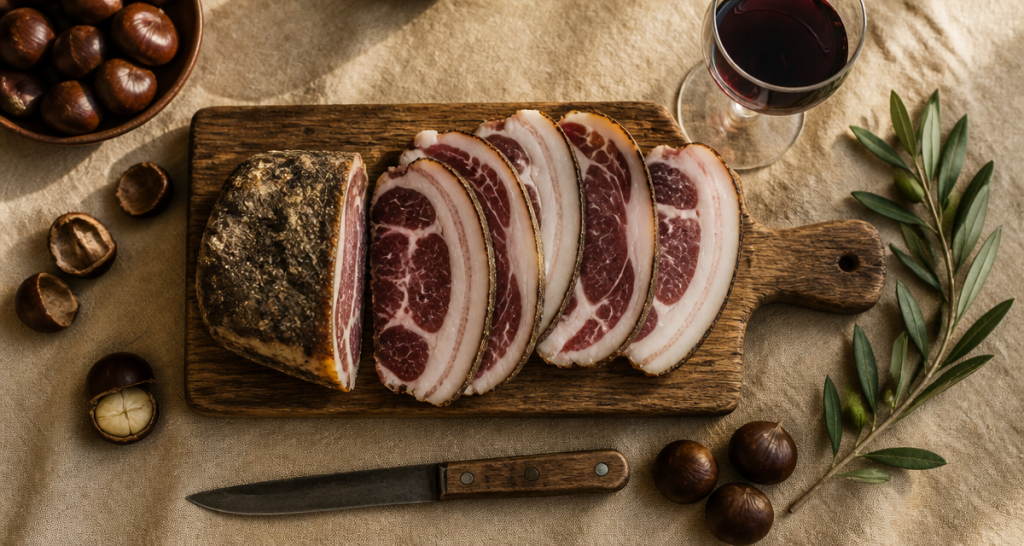 tranches de panzetta corse sur planche en bois