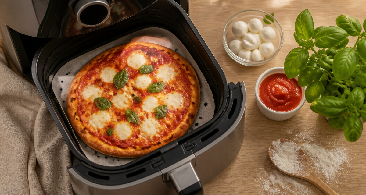 Pizza in an air fryer Margherita sur papier cuisson, croûte dorée
