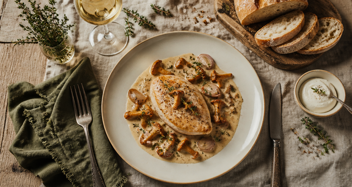 Poulet girolles crème vin blanc assiette