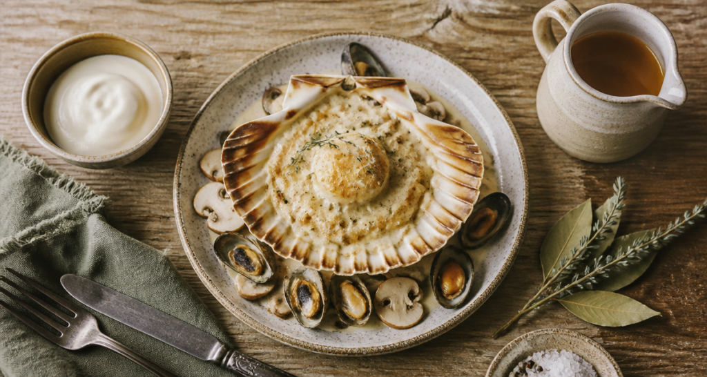 saint jacques a la normande gratinées sur table rustique
