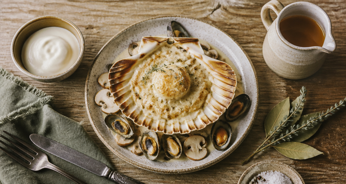 saint jacques a la normande gratinées sur table rustique