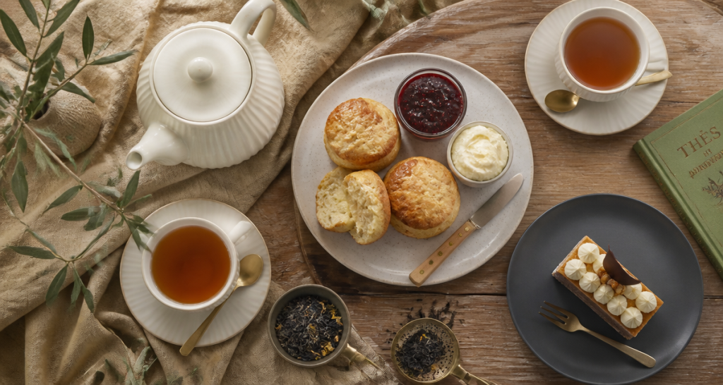 Salon de thé Bordeaux table avec scones et thé