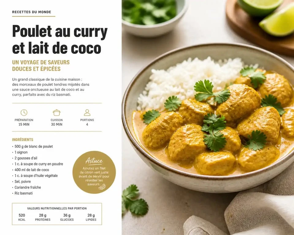 Plat à base de poulet au curry et lait de coco servi avec du riz basmati