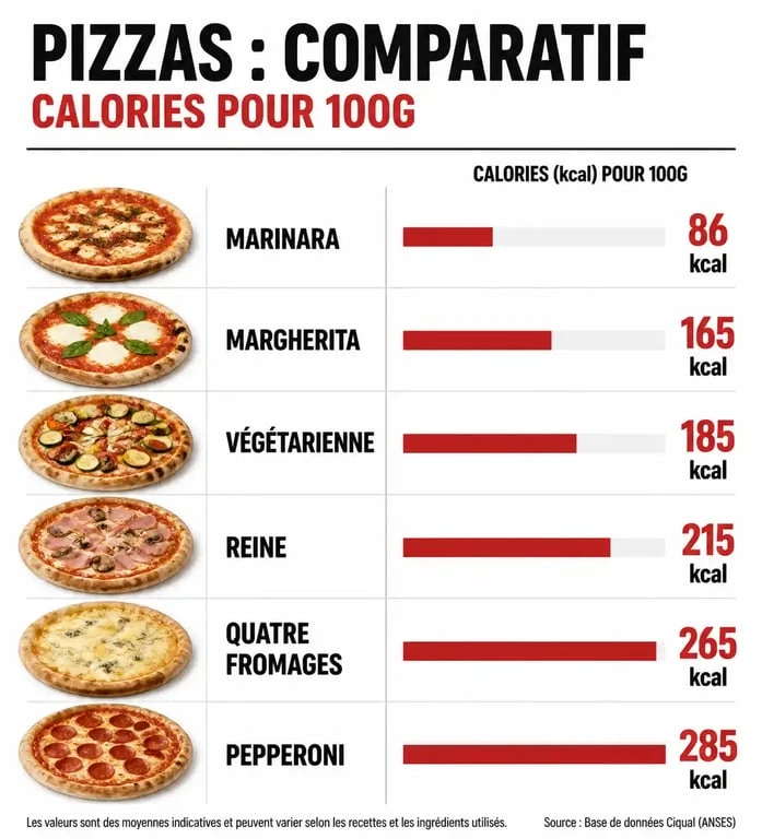 Infographie comparative des calories par type de pizza pour mieux comprendre l'apport énergétique selon la garniture.